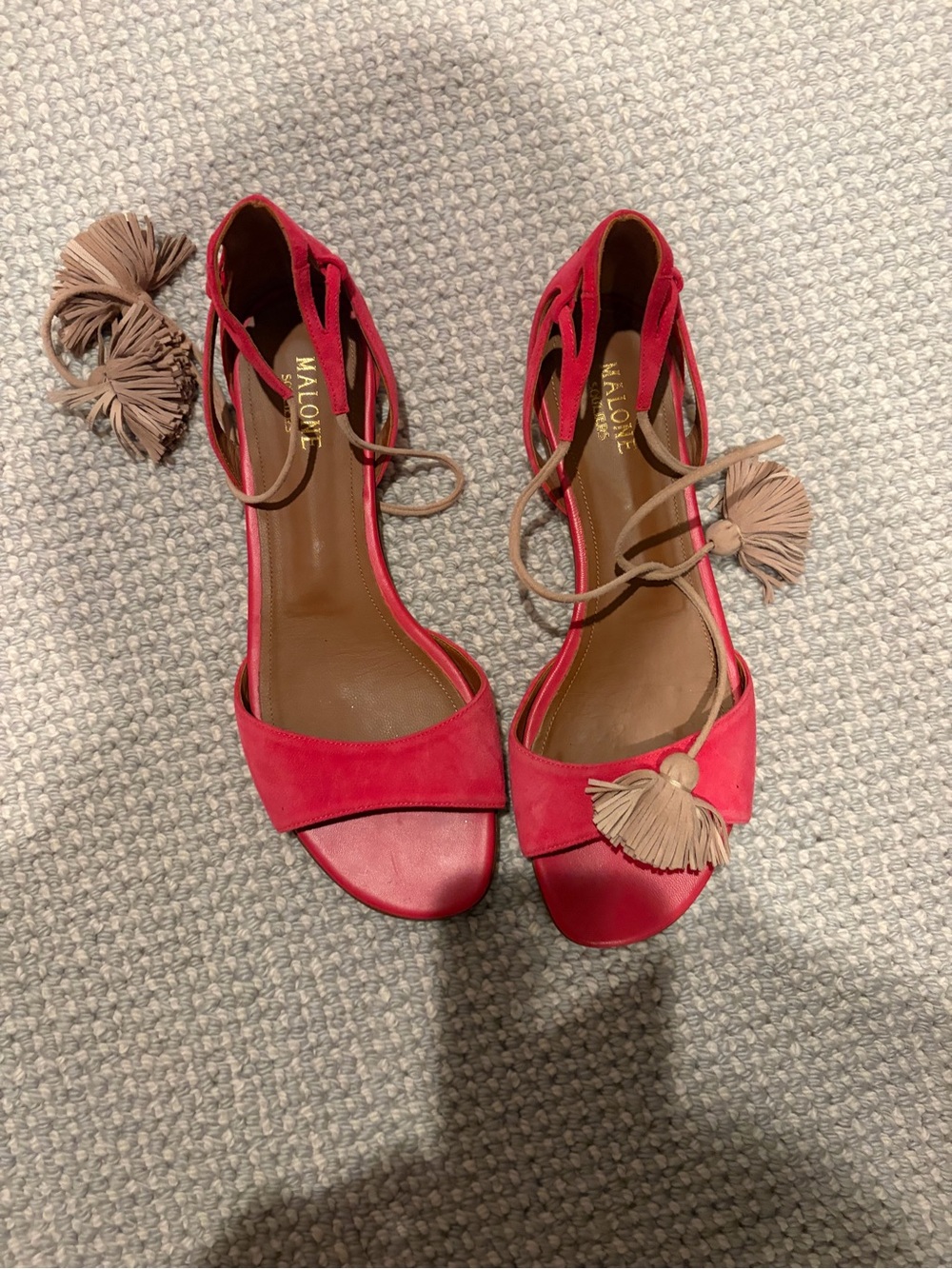Malone Souliers Red Suede Lace-Up Sandals with Tassel Accents